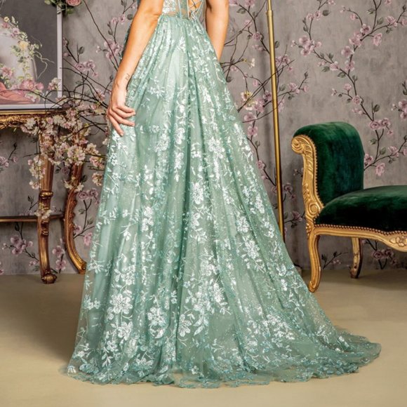 NEW LONG A-LINE SLEEVELESS MESH DRESS WITH LACE UP BACK & SWEETHEART NECK GL3254 - Picture 12 of 12